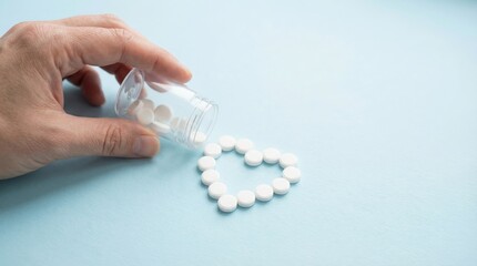 Hand pouring white pills forming a heart shape for health and care concept.