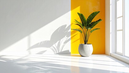 Interior shot with a potted plant, sunlight, and a colorful two-tone wall
