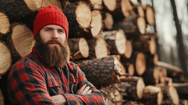 Bearded Caucasian man in red hat and flannel shirt stands by stacked logs forest setting