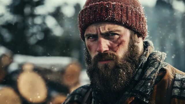 Man with beard and hat in snowy logging area
