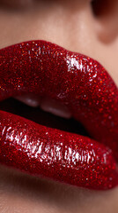 Obraz premium Glossy red lips with sparkling shine captured in close-up during a makeup shoot
