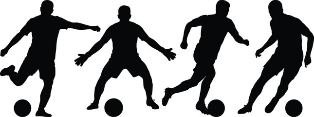 Soccer player silhouettes dribbling and kicking ball, football athletes in action poses, dynamic sports illustration set isolated on white background