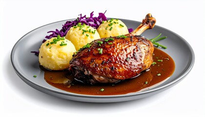 Gourmet plate of roasted duck with side dishes, presented on a gray plate