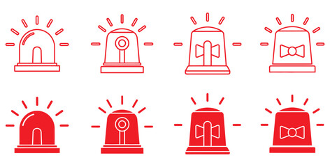 Collection of various red line icon designs representing flashing emergency warning lights and alarm beacons shown in both outline and filled styles