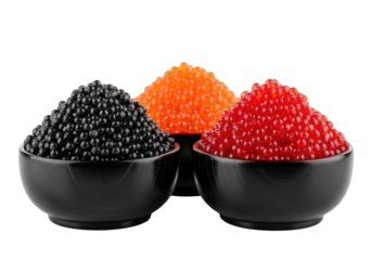 three small dark ebony bowls overflowing with glistening black, salmon orange, and crimson red sturgeon caviar on reflective white marble with copy space, macro commercial product photography,
