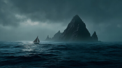 Sailing Towards Mystery: A solitary sailboat navigates the vast, tumultuous sea toward a rugged, imposing island under a brooding sky, full of adventure