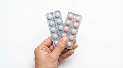 Hand holding blister pack tablets isolated on white for pharmacy shopping concepts.