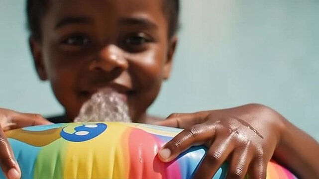 A young boy enjoys a fun day in the pool with a colorful inflatable video
