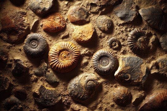 Macro photograph of an ancient ocean floor with ammonite fossils and seashells