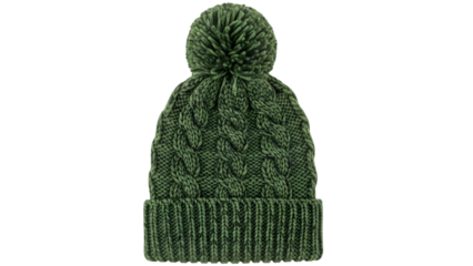 Green Knitted Bobble Hat with Cable Knit Pattern and Pom- Pom Isolated on White Background