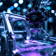 Advanced Robotic Sensor Array Performing High-Tech 3D Laser Scanning on Car Chassis in Smart Factory
