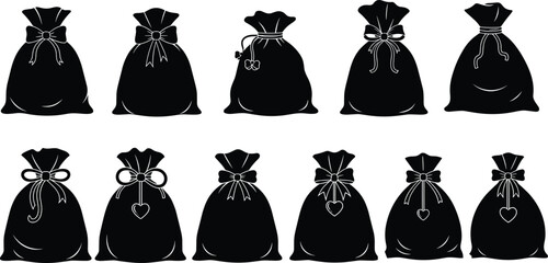 Gift bag silhouette collection with ribbon bows and decorative ties isolated black vector illustration set for packaging design