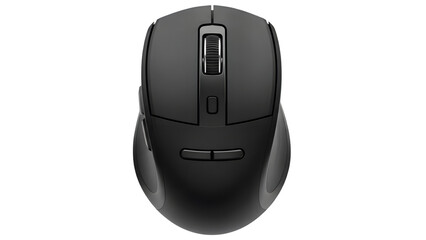 Top-down view of a modern black wireless computer mouse with a scroll wheel and buttons on a black background