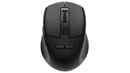 Top-down view of a modern black wireless computer mouse with a scroll wheel and buttons on a black background