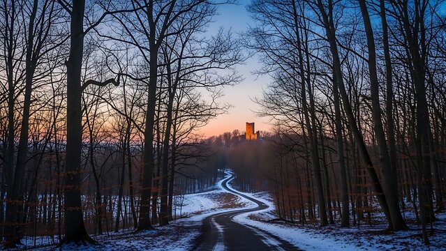 Winding forest road at sunset with snow and bare trees - Powered by Adobe