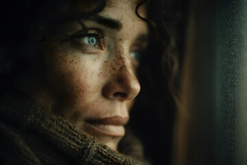 Winter depression - seasonal affective disorder mental health woman sad comtemplative looking out the window alone.