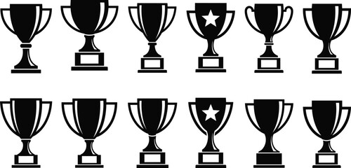 Collection of black trophy cup icons set symbolizing awards achievements victory success competition winners prizes silhouettes vector illustration