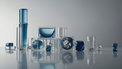 Minimalist abstract composition featuring blue glass globes and geometric shapes on a reflective white surface