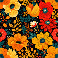 Vibrant Seamless Floral Pattern with Red Orange and Blue Flowers on Black Background
