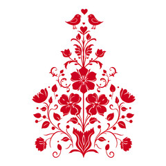 Traditional Red Folk Art Floral Illustration with Birds and Hearts on White Background
