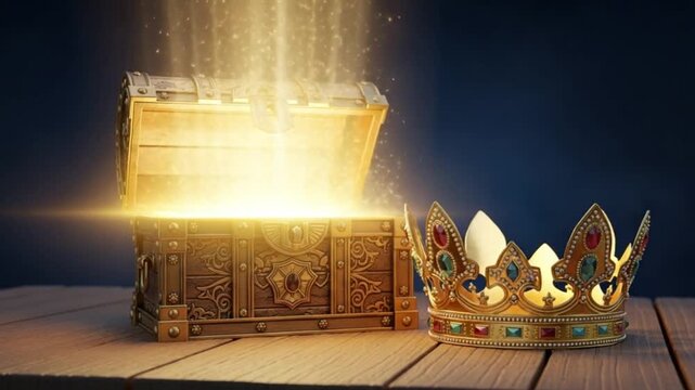 An ornate gold treasure chest with crown sitting on wooden table indoors