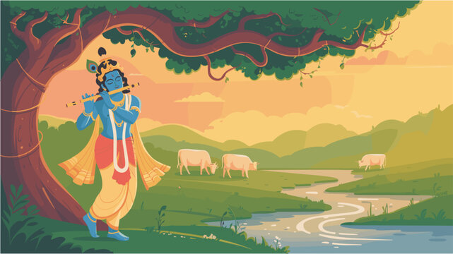 Lord krishna playing flute under banyan tree surrounded by cows and scenic landscape