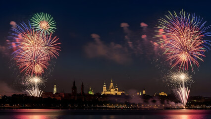 Fototapeta premium Nighttime fireworks display over a cityscape