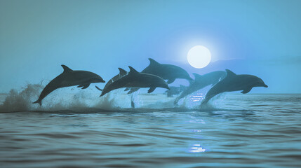 Fototapeta premium Dolphins jumping out of ocean water at sunset