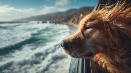 Golden Retriever Looking Out Car Window at Ocean Waves