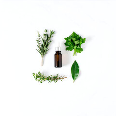 Minimalist Flat Lay of Herbal Essential Oil Bottle with Fresh Rosemary and Parsley