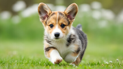 Tri color corgi puppy running on green grass
