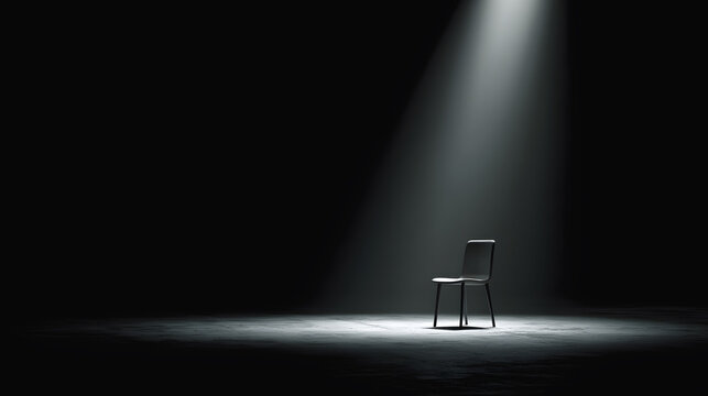 Single chair in spotlight on dark stage dark room shadows