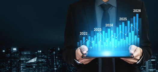 Business bar chart and line graph showing yearly business growth from 2022 to new year 2026, represent data analytics, future 2026 planning, business 2026 trend, and performance analysis 2026 Vouch
