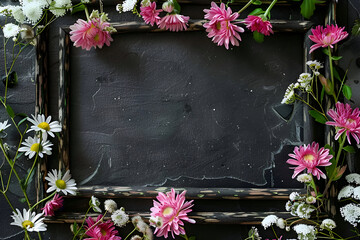 Rustic chalkboard frame with blooming pink chrysanthemums and white daisies for floral decor