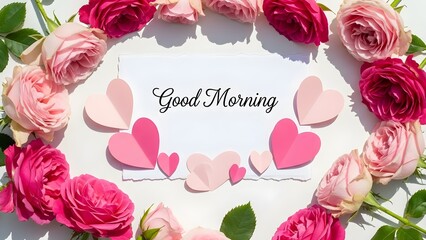 Beautiful pink and magenta roses frame a heartfelt good morning message surrounded by charming paper hearts on a bright surface