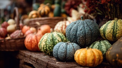 A vivid assortment of colorful gourds and pumpkins on a rustic wooden table, showcasing the rich textures and hues synonymous with fall. Perfect for bringing an autumnal feel to any setting.