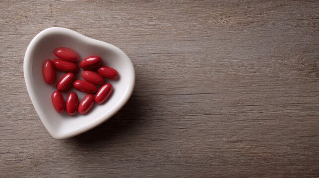 Heart-shaped dish with red medications on wooden surface, highlighting heart wellness and proper medication, clear and simple layout