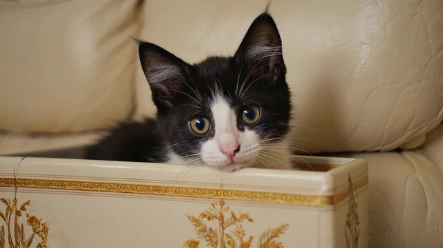 Adorable Kitten in Decorative Box on Beige Leather Couch Charming Home Companionship and Playful Moments a Captivating Footage