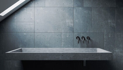 A modern, minimalist bathroom design featuring a concrete sink and dark fixtures.