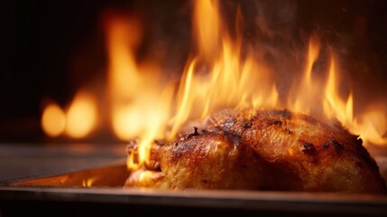 Whole roasted turkey engulfed in flames on a baking sheet, chaotic Thanksgiving cooking disaster, dramatic and fiery scene