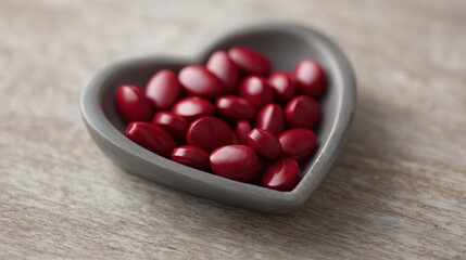 Heart-shaped bowl filled with red pills and tablets on wooden surface, symbolizing heart health and importance of medication, clean and focused composition