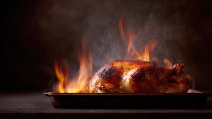 Whole turkey engulfed in fire on a baking sheet, Thanksgiving culinary disaster, dramatic and vivid scene