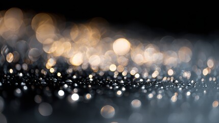 Bokeh of water droplets and lights on black background, sparkling highlights, abstract macro photography style