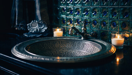 Interior view of a luxurious bathroom with a decorative sink, candles, and glass tiles.