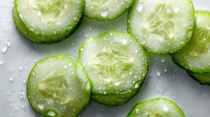 Macro view of crisp green cucumber rounds arranged in a decorative pattern