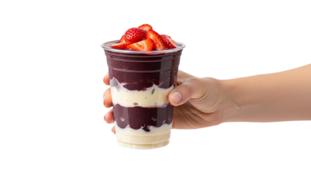 A hand holding a cup of layered dessert with strawberries on top