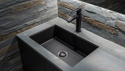 Modern bathroom sink with dark faucet and stone wall background, minimalist design.