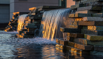 Water cascades over layered stone, illuminated by golden sunlight, creating a tranquil outdoor scene.