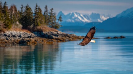 Fototapeta premium Majestic bald eagle soaring above a glacial Alaska bay with distant mountains