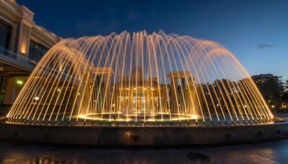 Illuminated fountain at night, water streams arching gracefully, building backdrop, reflecting pool, dusk ambiance.